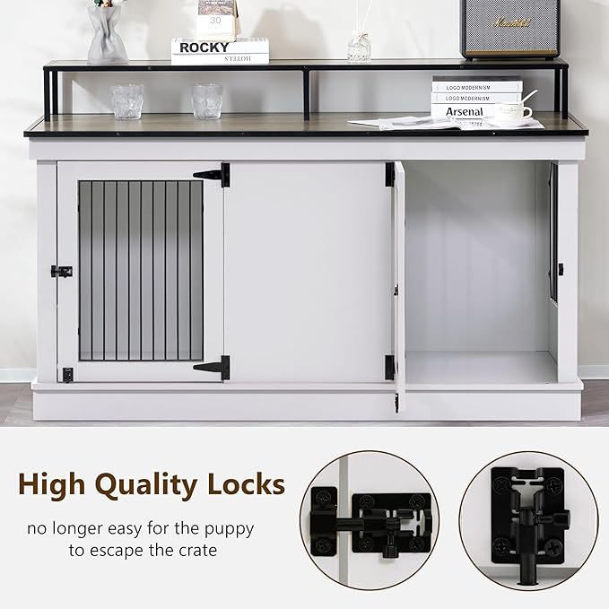 MCombo Large Dog Crate Furniture TV Stand, Wooden Pet Kennel with Double Doors, Indoor Furniture Style Dog House End Table, 1861 (Light Grey)