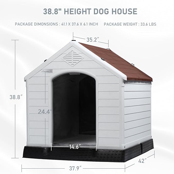 LEMBERI Durable Waterproof Plastic Dog House for Small to Large Sized Dogs, Indoor Outdoor Doghouse Insulated Puppy Shelter with Elevated Floor, Easy to Assemble (Brown with Liner, 42''L*38''W*39''H)