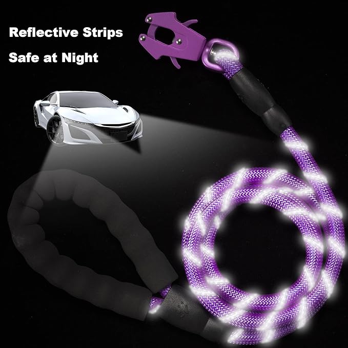 GEIT 2/4/5/6FT Dog Leash, Heavy Duty Rope Leashes, Reflective Nylon Pet Lead with Aluminum Quick Release/Locking Tactical Frog Clip for Small Medium and Large Dogs, Purple, 1/2 inch