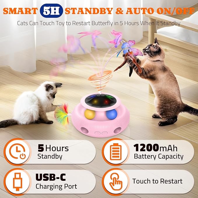 Interactive Cat Toy, 3 in 1 Automatic Cat Toy for Indoor Cats, Electric Kitten Toy with Rechargeable Battery, Self Play Kitty Toys with Rotating Fluttering Butterfly,Track Ball and Ambush Feather,Pink