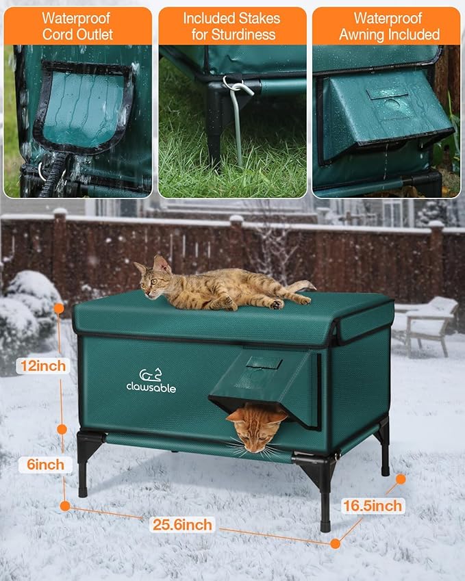Indestructible Heated Cat House for Outside Winter, 100% Waterproof, Safe Escape Door, Insulated Outdoor Cat Shelter with Heater for Feral Barn Cat Kitty (Forest Green, 26"x16"x18")