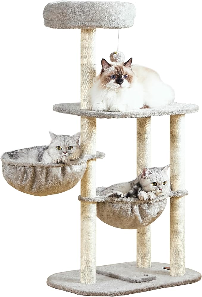 Cat Tree Tower for Indoor Cats Large Adult - 42 Inch Small Cats Condo Bed with Scratching Post Hammock Perch - Medium Multi Level Cat House for 2 Kitty Kitten - Grey Tall Climbing Towers Furniture