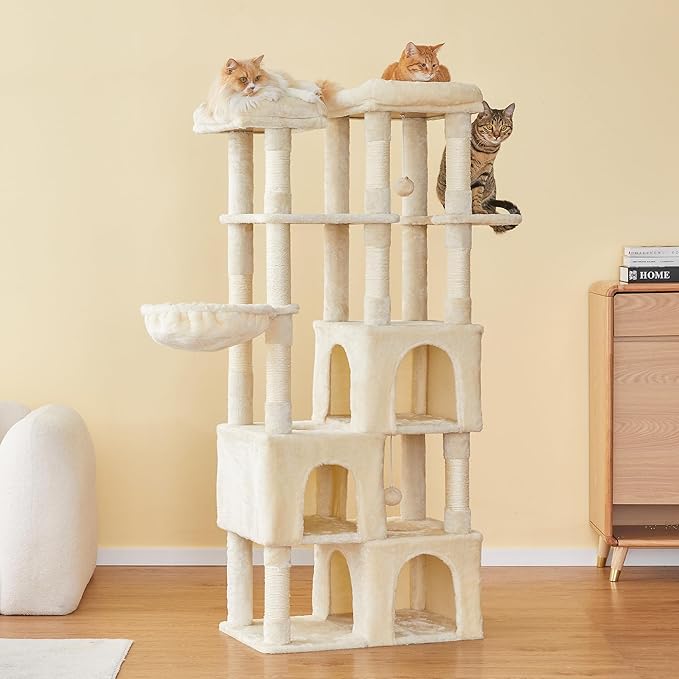 MWPO Large Cat Tree for Indoor Cats, 63-inch Cat Tower with 3 Cat Condos, Scratching Posts, Padded Perches, Hammock, Dangling Toys, Beige