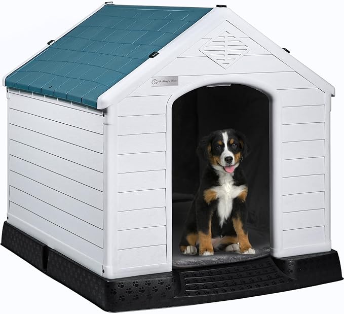 LEMBERI Durable Waterproof Plastic Dog House for Small to Large Sized Dogs, Indoor Outdoor Doghouse Insulated Puppy Shelter with Elevated Floor, Easy to Assemble (Blue with Liner, 42''L*38''W*39''H)