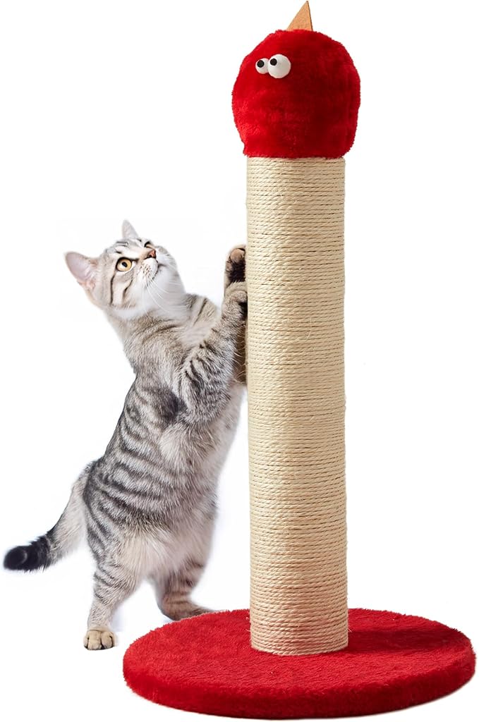 Indoor Cat Scratching Post: 22 in Tall Cat Scratcher with Natural Sisal Rope, Cute Monster Design Kitty Pet Tower with Sturdy Wood Base, Great Gift for Small and Large Kittens, Red