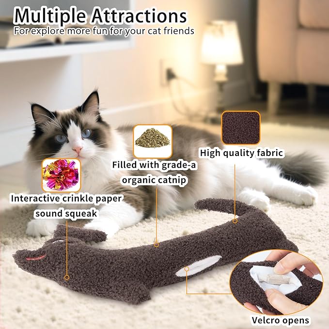 Cat Toy Kicker Pillow with Refillable Natural Catnip, Crinkle Teeth Cleaning Kitten Toy for Indoor Cats Chew, Interactive Plush Kitty Toy for Anxiety Relief