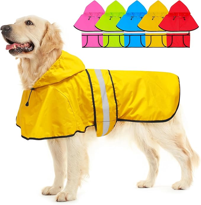 Fashion Hooded Dog Raincoat with Leash Hole- Reflective Dog Rain Jacket Adjustable Doggy Raincoats Lightweight Pet Rain Coat for Dogs (XX-Large, Yellow)