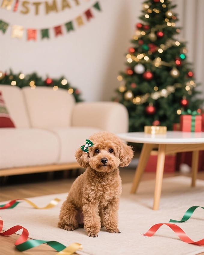 PET SHOW 10 Pack 2" Christmas Small Dogs Hair Bows with French Clips Rhinestone Yorkie Barrette Clip Bowknot for Medium Dogs Puppy Pet Xmas Topknot Cat Grooming Hair Accessories