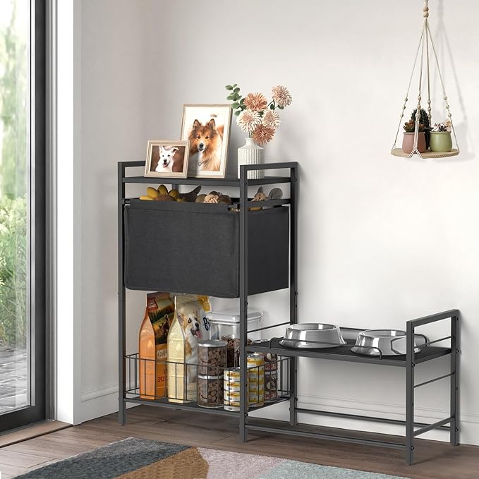 Elevated Dog Bowls, Raised Dog Bowl Stand with Dog Toy Bin Basket Dog Food and Water Bowl Feeding Station, Lifted Dog Bowl Holder Cabinet with Pet Storage Organizer for Large Medium Small Dogs