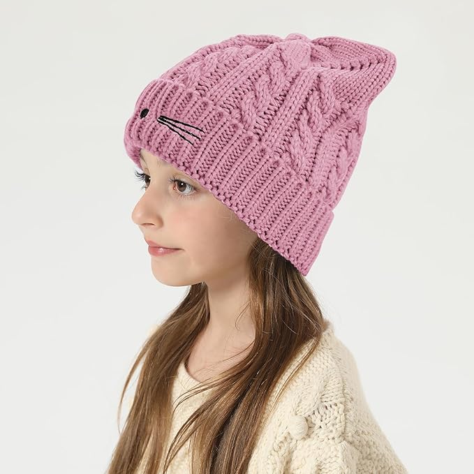 Kids Girls Cat Ear Hat Winter Warm Knit Beanie Cute Ski Skull Cap for Ages 7-12