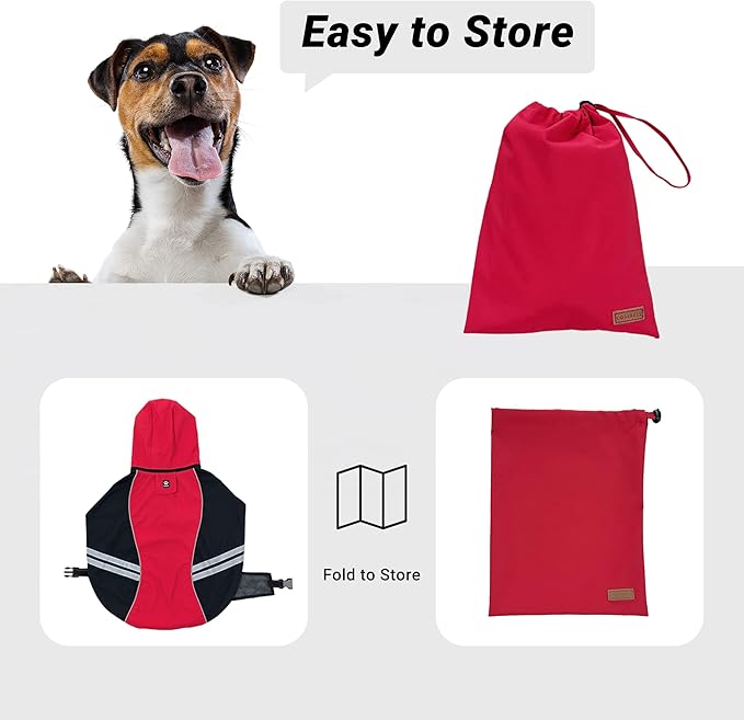 Dog Raincoat for Medium Large Extra Large Dogs, Waterproof Rain Jacket with Reflective Strap, Lightweight Hoodies Full-Body Coverage Dry Clothes (S, Red)