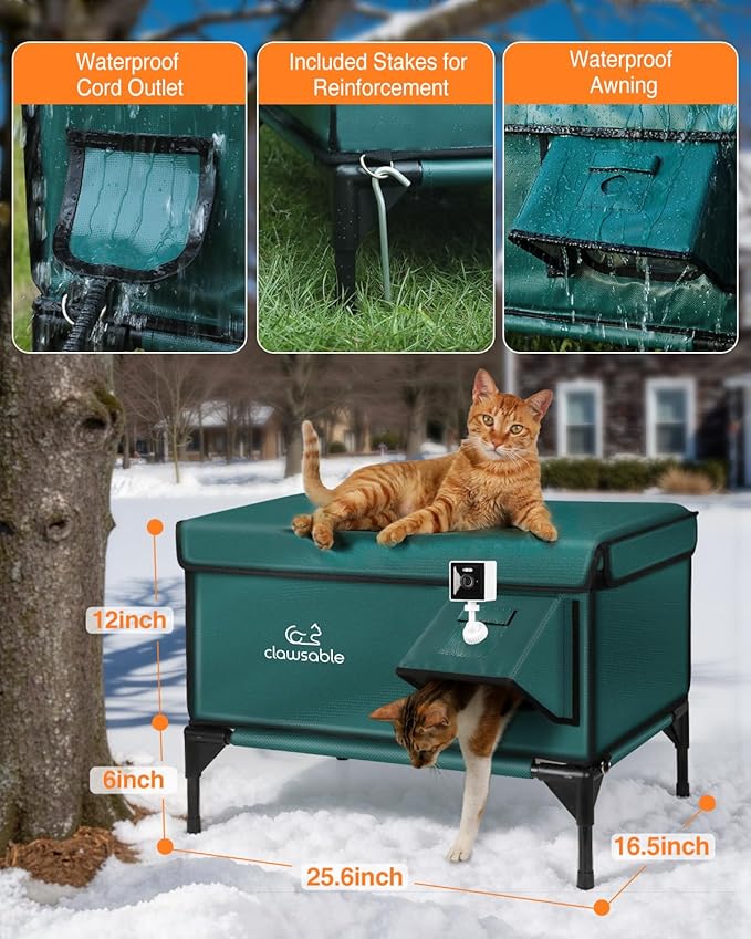 Indestructible Heated Cat House with Pet Camera for Outside Winter, 100% Waterproof, Escape Door, Insulated Outdoor Cat Shelter with Heater for Feral Barn Cat Kitty (Forest Green, 26"x16"x18")