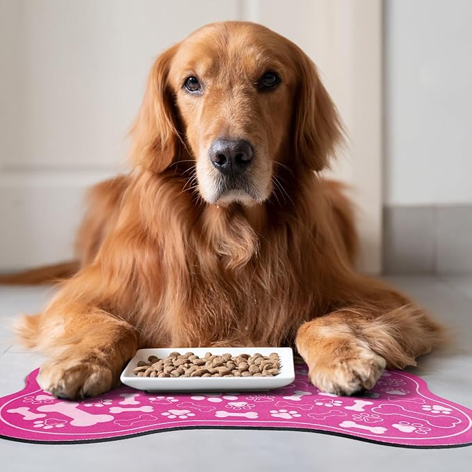 Dog & Cat Food Mat Bone Shaped Pet Feeding Mat Quick Absorb Water Bowl Placemat with Rubber Backing Indoor Floor Stain Resistant Pet Accessory Supplies (Pink, 16x24 Inches)