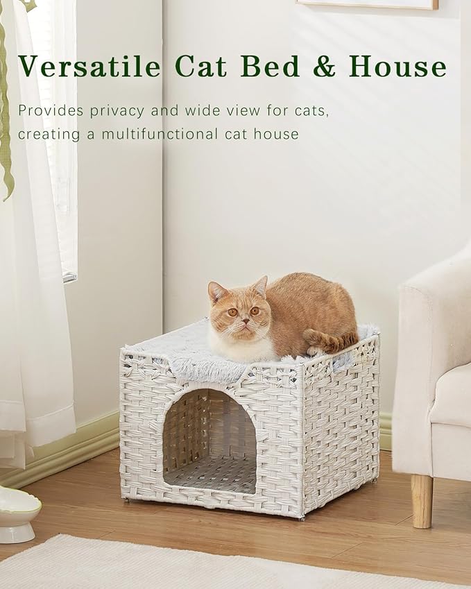 Cat Beds Indoor Kitten House, Handwoven Rattan Cat Cave Pet Cube, Large Cat Houses, One Bed Mat, Foldable, Hideaway, 16.5x16.5x13.2 Inches, 2 S-Shaped Hooks in Living Room Bedroom Gray