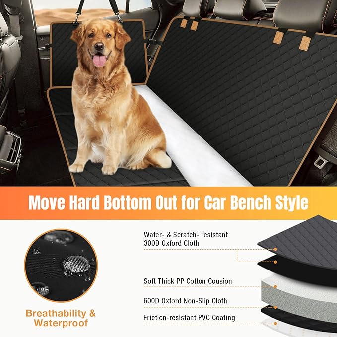 Dog Car Seat Cover for Back Seat, Dog Car Bed Cover with Strong Hard Bottom 4 Panels, Back Seat Extender Hammock for Cars SUV Truck Black Color