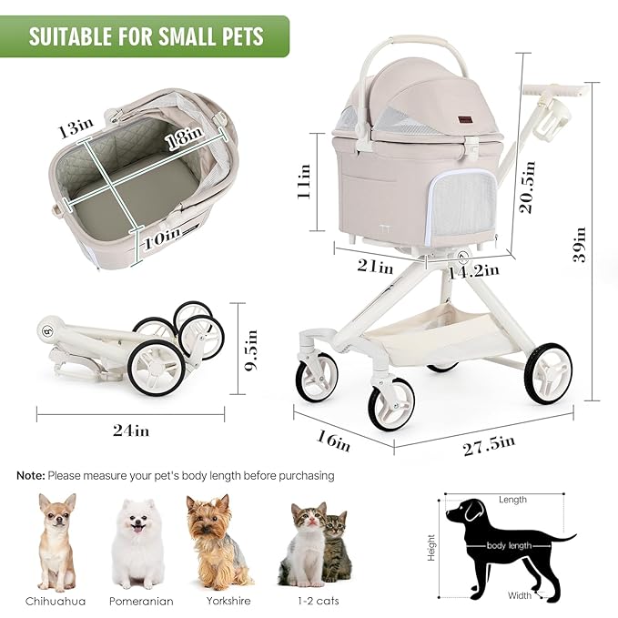 TT Lightweight Pet Stroller for Small Dogs & Cats - 4-Way Installation Carrier, One-Hand Fold, 180° Canopy Cover & Adjustable Handle (Beige)