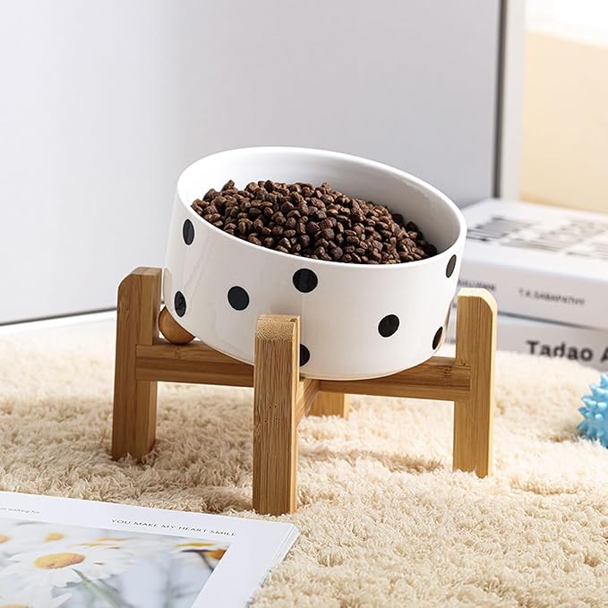 Petygooing Raised/Elevated 15°Slanted Ceramic Dog Bowl for Small Breeds,Tilted Anti Slip Pet Bowl,Food Water Dish with Stand for Cats and Small Dogs Puppy 13.5 OZ (5.1In / 1.7 Cups) Black Dot
