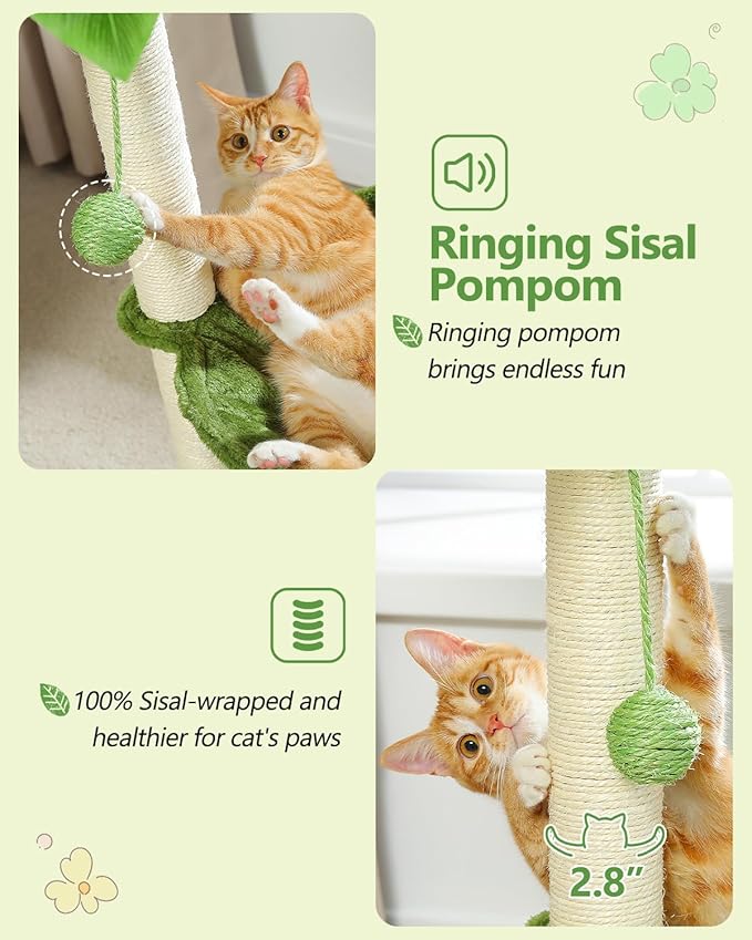 Small Cat Tree, 28" Cat Tower with Sisal Scratching Posts and Coconut Leaves for Indoor Small Cats, Large Hammock and Dangling Ball for Kittens, Green