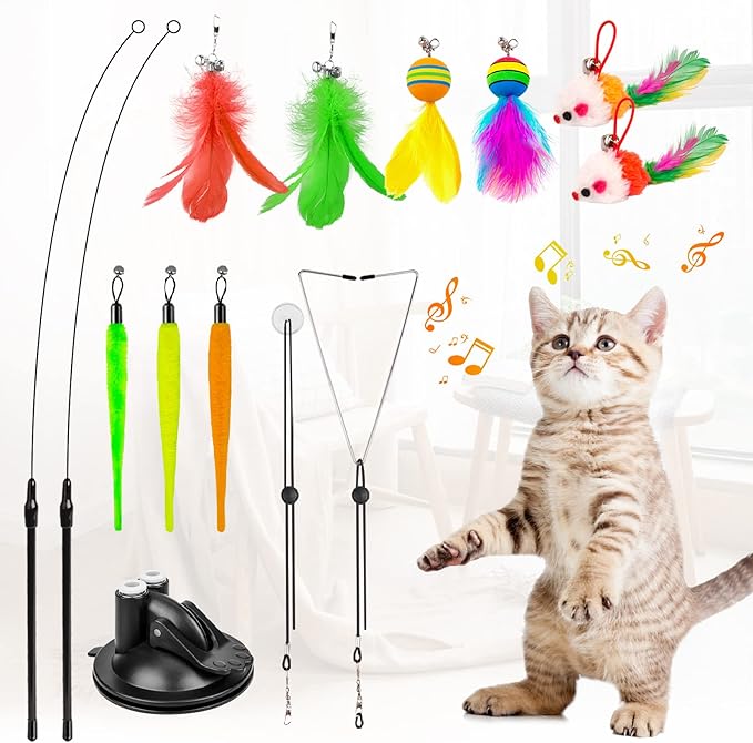 Cat Toys Wand, Interactive Cat Toy with Super Suction Cup Sticky Detachable 12 PCS Feather Replacements 2 Wands Cat Spring Feather Toys for Indoor Cats Kitten Toys (9 Toys Double Headed)
