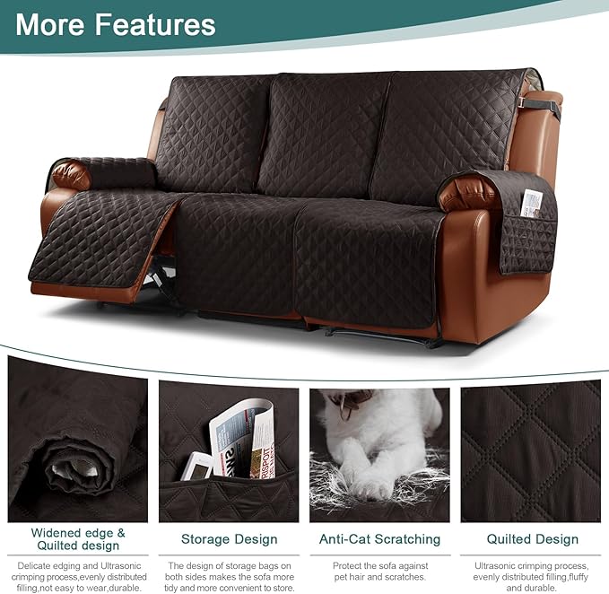 Ruaozz Waterproof Recliner Sofa Cover 1-Piece Couch Covers for Reclining Couches Reclining Sofa Cover Washable Furniture Protector with Elastic Straps Pocket for Kids, Pets (Dark Coffee, 3 Seater)