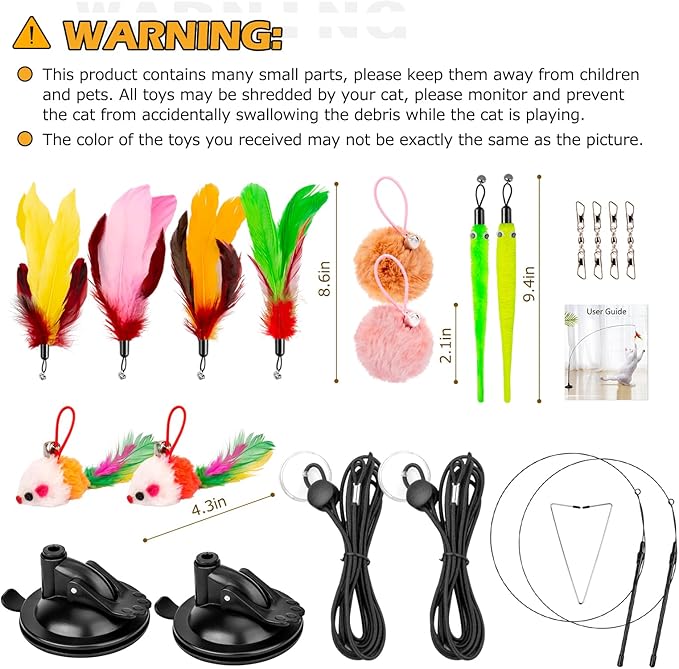 Cat Toys, 2 Pack 3 in 1 Interactive Cat Toy for Indoor Cats with Sticky Super Suction Cup Detachable 10 Pcs Replacements Feathers Balls Mice 2 Wand Hanging Door Kitten Toys