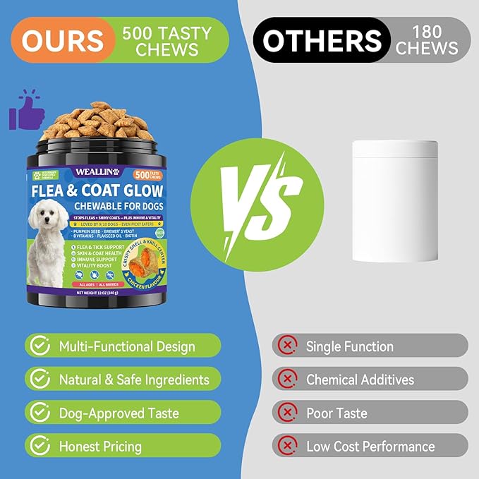 Flea and Tick Prevention for Dogs, Dog Flea Treatment with Skin & Coat Support 500 Crunchy & Krill Chews Dog Flea and Tick Treatment Chewable for Immunity & Energy for All Breeds & Ages Chicken Flavor