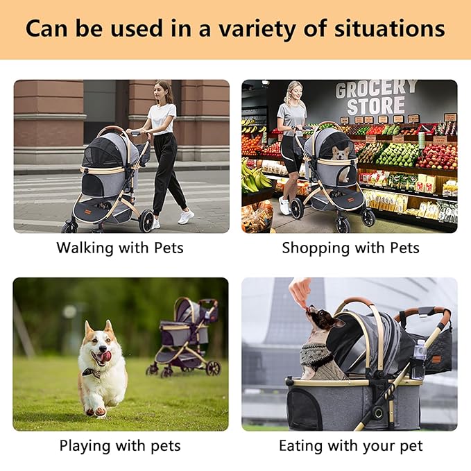 Pettingzoo Dog stroller with 4 Wheels, Folding Cat Stroller for Small/Medium/Large dogs & cats to 60 lbs, pet stroller with removable carrier, Storage BasketCup Holder,3 in1 Multifunctional Detachable