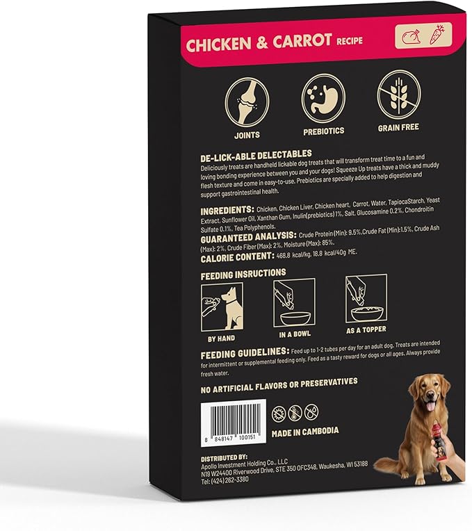 PETPHABET Lickable Squeeze Treats for Dogs, Wet Dog Food Meal Topper, Creamy Puree Dog Snacks, Puppy Pouch Treats for Training and Enrichment, Healthy Chicken & Carrot Recipe (8 ct/1.4 oz Each)