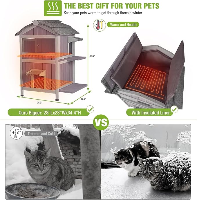 GUTINNEEN Heated Outdoor Cat House for Outside Weatherproof Feral Cat Shelter for Winter with Heater and Insulated Liner Two Story