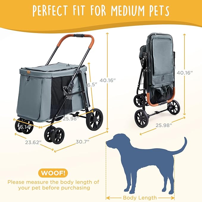 Scout Pet Stroller, 4-Wheel Design for Small/Medium Dogs - One-Button Fold, Adjustable Mesh Windows & Shades, 360° Swivel Front Wheels, Rear Wheel Brake for Safety, Grey