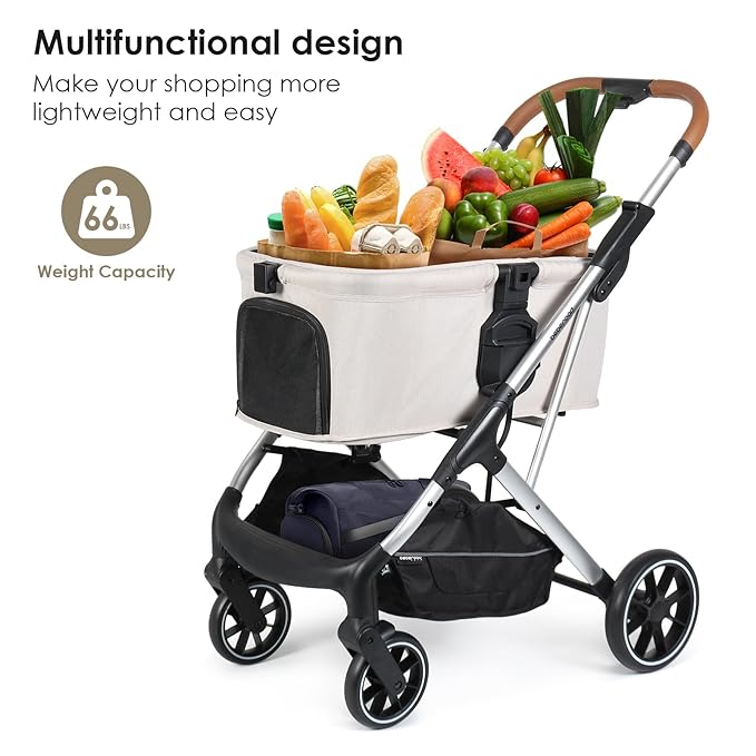 T6 Luxury Pet Stroller for Medium Dogs Up to 66lbs or 2 Small Pets – 3-in-1 Dog & Cat Stroller with Removable Carrier, Foldable & Lightweight (Beige)