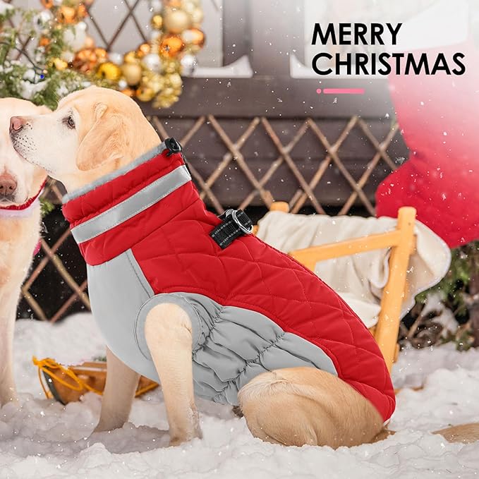 AOFITEE Dog Coat, Warm Dog Winter Coat, Reflective Cold Weather Dogs Puffer Jacket with Harness Built in, Waterproof Pet Fleece Vest Snowsuit for Small Medium Large Dogs, Christmas Red L