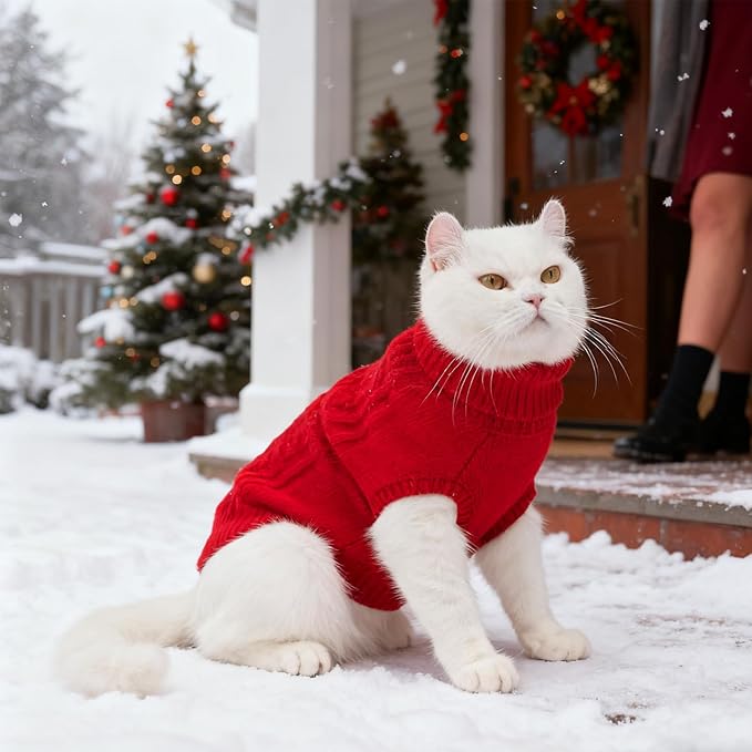 BINGPET Cat Sweater,Thermal Knitted Kitten Clothes Winter Coat,Classic Knit Turtleneck Cat Sweaters for Cats Only,Warm Pet Clothes for Kittens & Small Dogs Puppy Boy Girl Indoor Outdoor(Red,S)