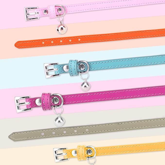 PUPTECK 2 PCS Soft Genuine Leather Cat Kitten Collar with Bells Adjustable for Girl Boy Cats Puppy - Yellow, Teal