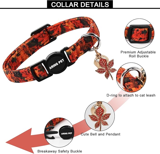 ARING PET 2 Pack Cat Collars, Breakaway Cotton Fall Halloween Kitten Collar with Bells for Girl Boy Cats Pumpkin & Autumn Leaf