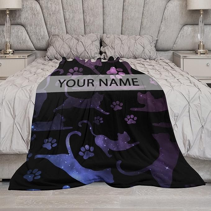Personalized Cat Blanket Gifts with Name - 30"x40" Cute Throw Blanket for Adults Kids - Black Soft Plush Throws for Bed, Couch & Travel