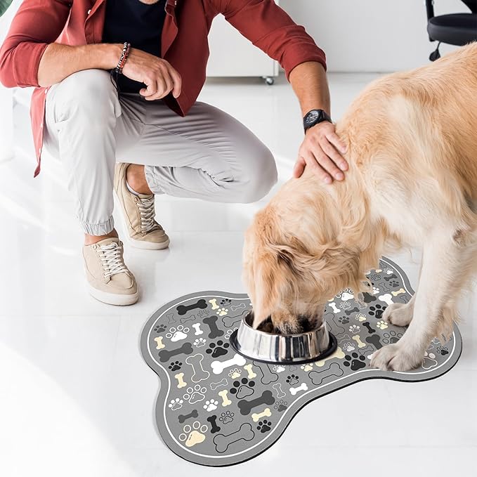 Dog & Cat Food Mat Bone Shaped Pet Feeding Mat Quick Absorb Water Bowl Placemat with Rubber Backing Indoor Floor Stain Resistant Pet Accessory Supplies (Gray, 12x24 Inches)