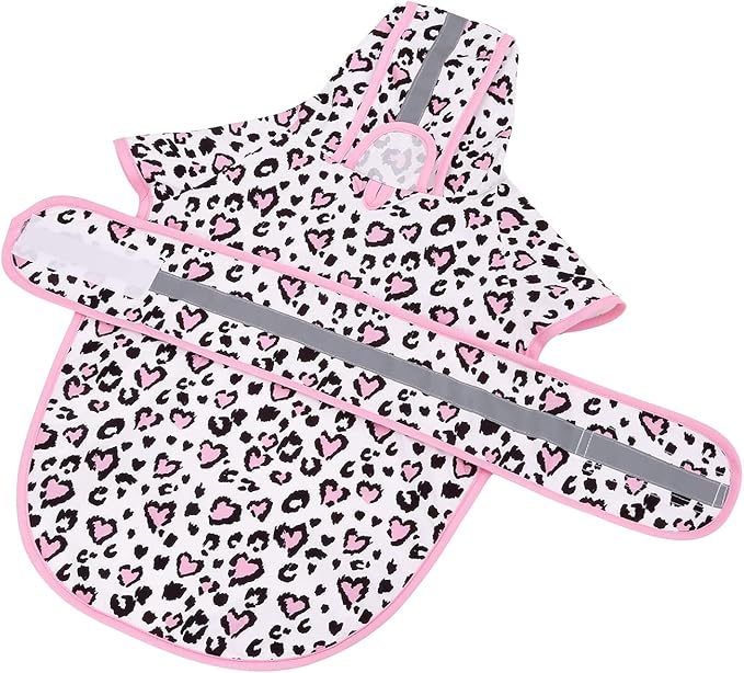 HDE Dog Raincoat Jacket Reflective Adjustable Hooded Pet Poncho Rain Coat with Leash Hole for Small to X-Large Dogs Leopard Hearts - M