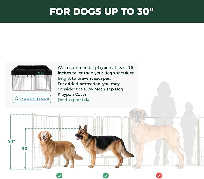FXW Rollick Unleashed Dog Playpen for Indoor, Yard, RV Camping, 40 inch 32 Panels for Medium and Large Dogs, White│Patented