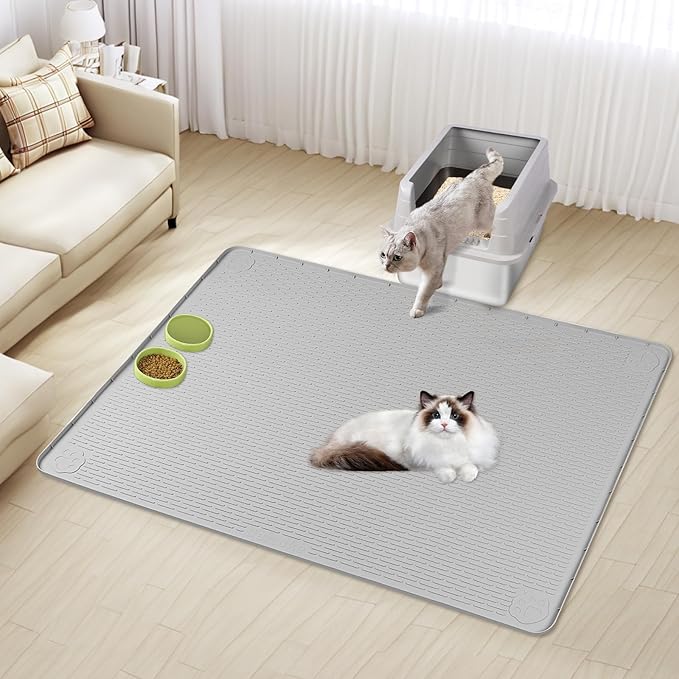 Cat Food Mat, 57" x 40" Extra Large Silicone Pet Feeding Mat with Raised Edge Pet Placemat for Food and Water Bowl Non-Slip, Easy to Clean, Floor Protection (Light Grey)