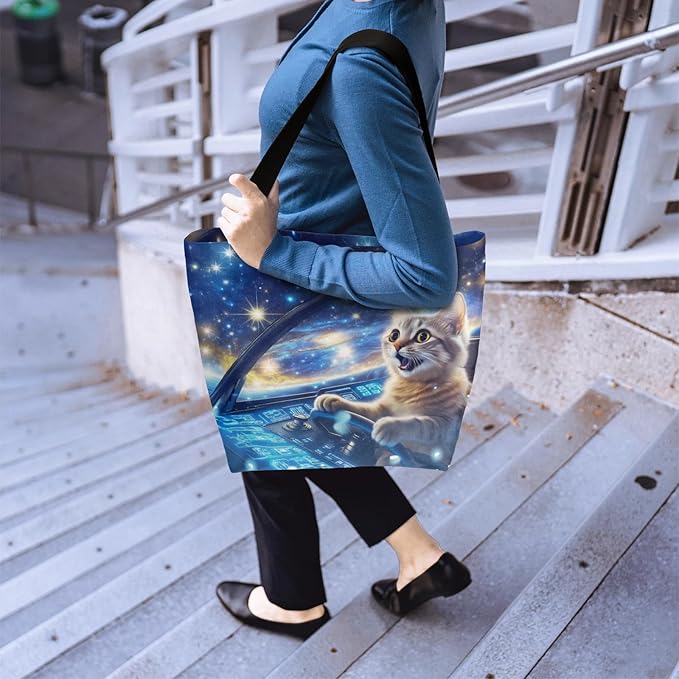 Spaceship Cat Canvas Tote, Multipurpose Shoulder Bag with Unique Sci-Fi Cat Design for Women & Men