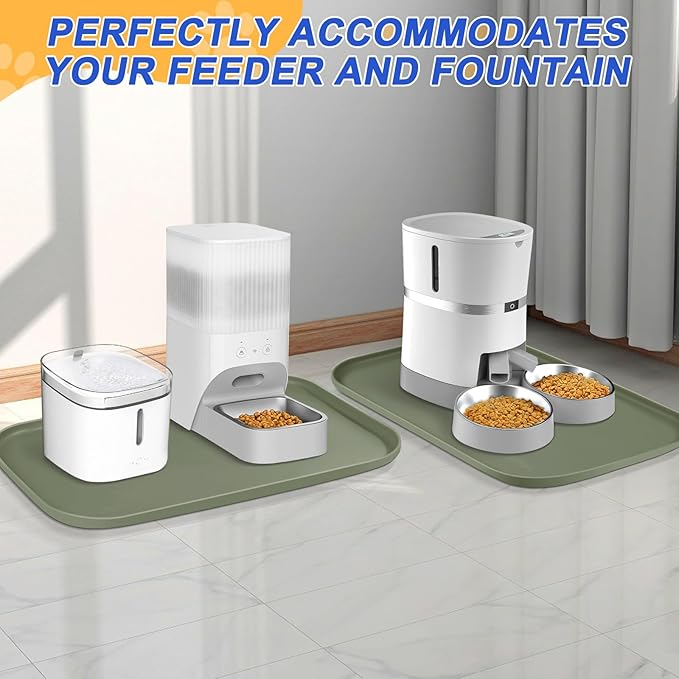 Silicone Pet Feeding Mat with Raised Edge for Food and Water, Dog Bowl Mats, Cat Bowls Placemat with High Lip for Floor Waterproof, Rubber Tray for Cats and Dogs 19 x 12 x0.7 Light Olive Green