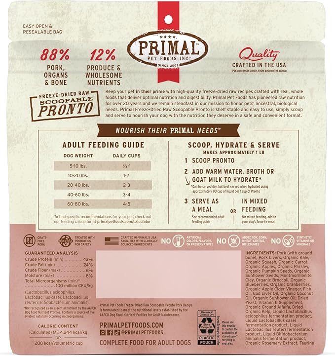 Primal Freeze Dried Dog Food, Pronto Mini Nuggets, Pork; Scoop & Serve, Complete & Balanced Meal; Also Use As Topper or Treat; Premium, Healthy, Grain Free, High Protein Raw Dog Food (7 oz)