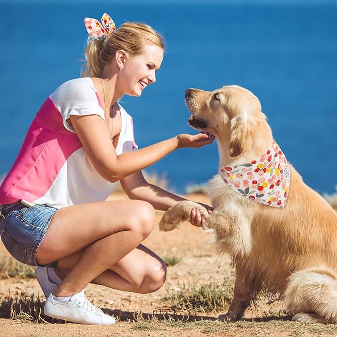 E-Clover Pink Floral Dog Bandanas & Matching Scrunchie Set Cute Dog Scarf Bibs Pet Bandana with Bow Tie for Medium Large Dogs Owner Mom Spring Summer