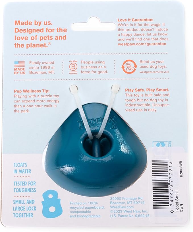 WEST PAW Toppl Durable Dog Treat Puzzle Toy for Small to Medium Dogs- Engaging Interactive Chew Toy for Mental Stimulation, Slow Feeding- Quarter Cup Capacity - River Blue, Small