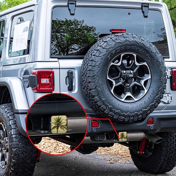 Trailer Hitch Cover Plug Palm Trees, Vintage Hawaii Ocean Beach Palm Leaves Trailer Hitch Cover Plug Cap Insert Fits 2" Receivers Black Receiver Tube Hitch Plug for RVs SUVs and Cars