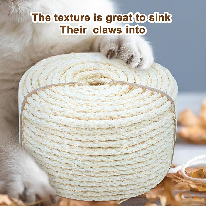 Sisal Rope for Cat Scratcher, Cymuber 6mm Cat Sisal Rope for Replace Scratching Post and Scratcher Repair, DIY Hemp Twine for Tree Tower Carpet Mat Kicker House Pet Toy and Crafts(65-Feet/20M)