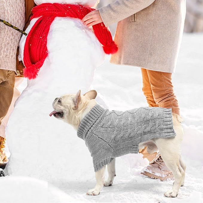 KOOLTAIL Dog Sweater for Large Medium Small Dogs, Fall Dog Sweaters, Turtleneck Cable Knitwear Pet Cold Weather Coats with Leash Hole, Warm Winter Pullover Clothes for Bulldog, Yorkie,Boy Girl,Grey SM