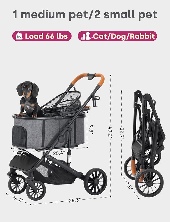 Dog Stroller for Small Medium Dogs Up to 60lbs, 4 Wheels Folding Pet Stroller with Detachable Carrier, Pet Travel Carrier for 2 Dogs & Cats, Storage Basket, Breathable, Grey