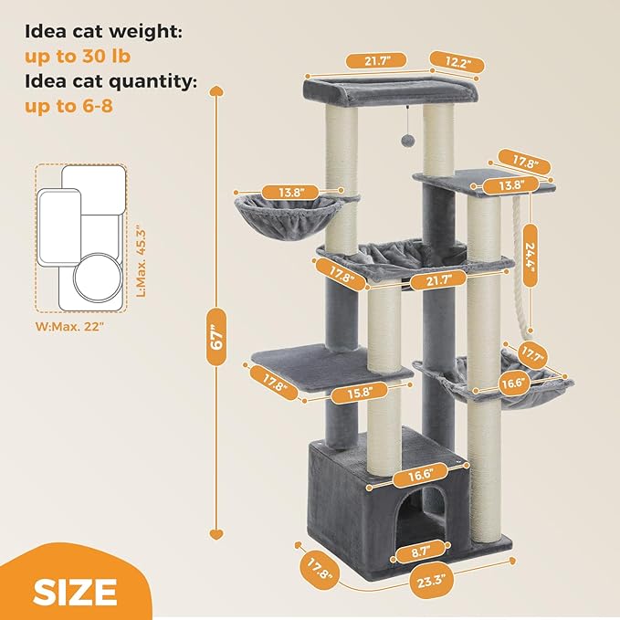 Heavy Duty Cat Tree for Maine Coon – 67" Tall Cat Tower with 7 Thick (φ4.3) Scratching Posts, XXL Cat Condo with Super Large Perch & Cozy Hammocks, Engineered for Big Cats (20+ lbs) - Gray